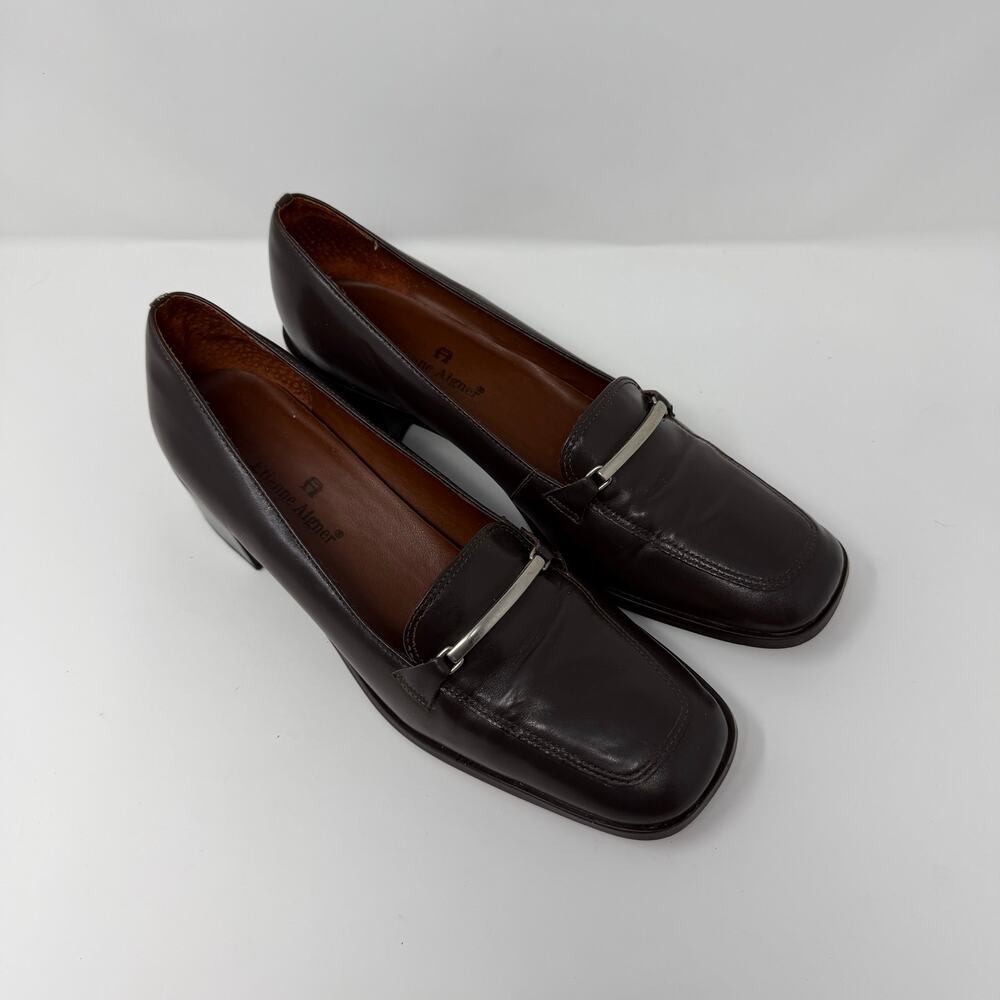 Etienne Aigner Brown Leather Loafers Heels Women’s 8M